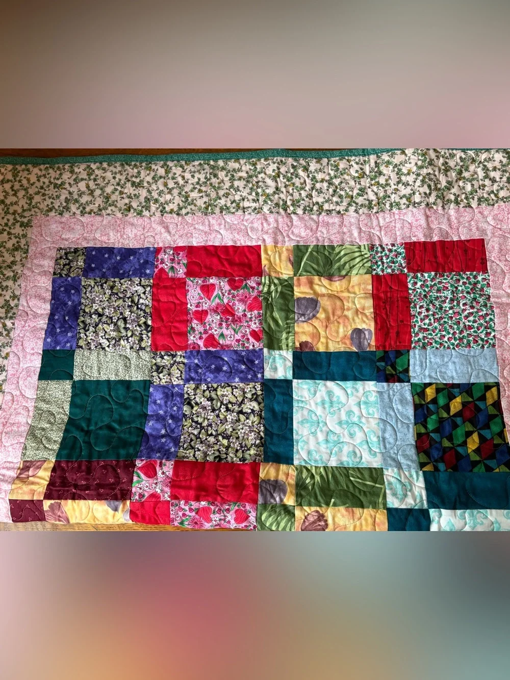 Handmade Multicolor Patchwork Quilt Home Bedding Cottagecore Pink Green Quilted